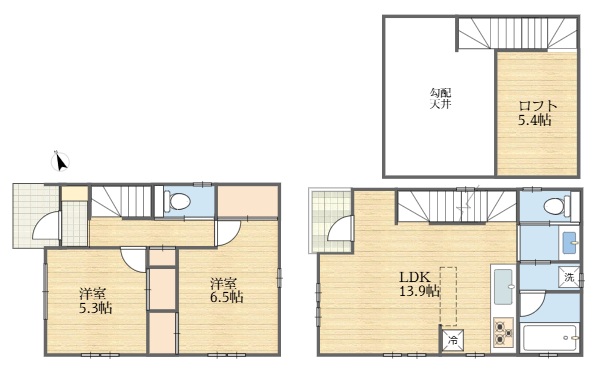 参考プラン例になります。２階にLDKを配置した、２階建ての２LDK一戸建て。